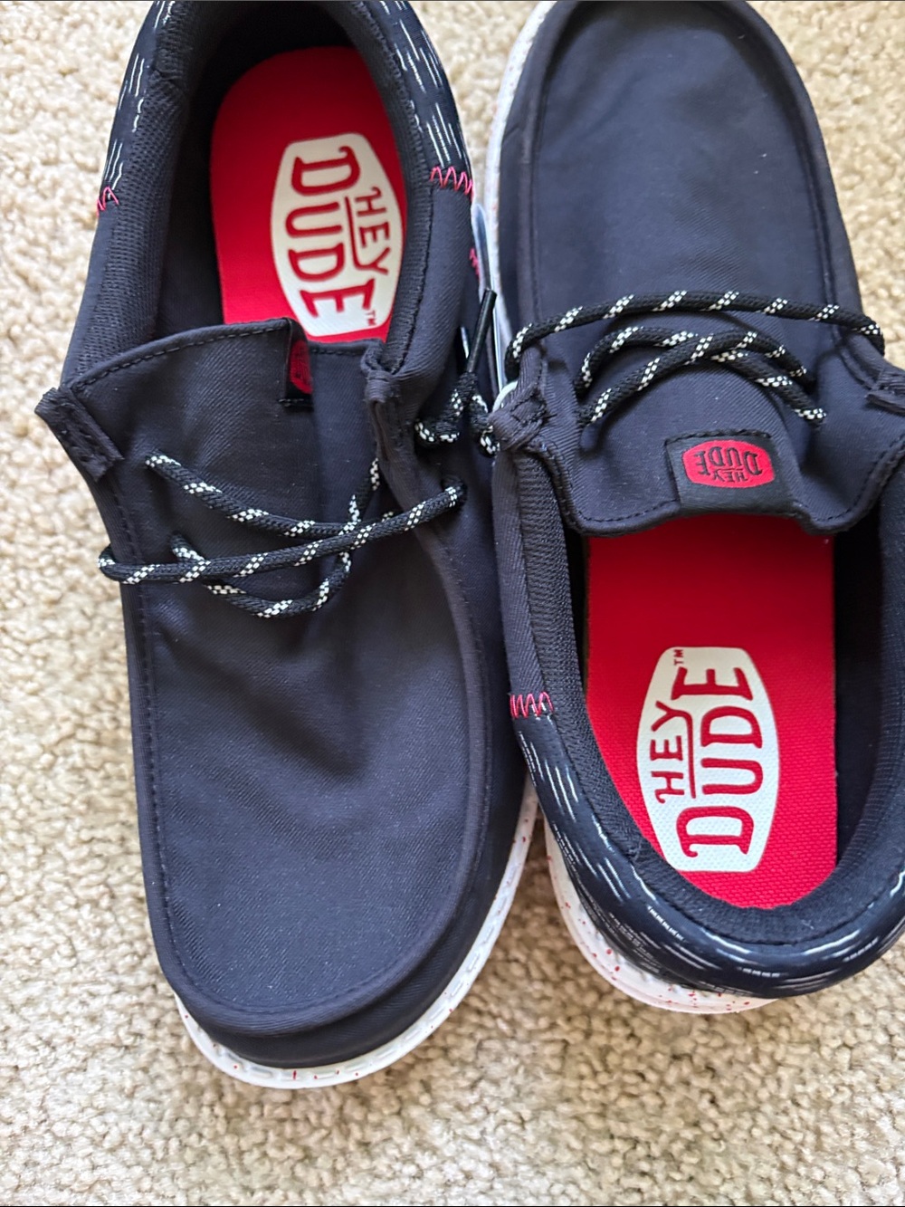 Hey Dude Black Canvas Slip-On Shoes with Red Insoles